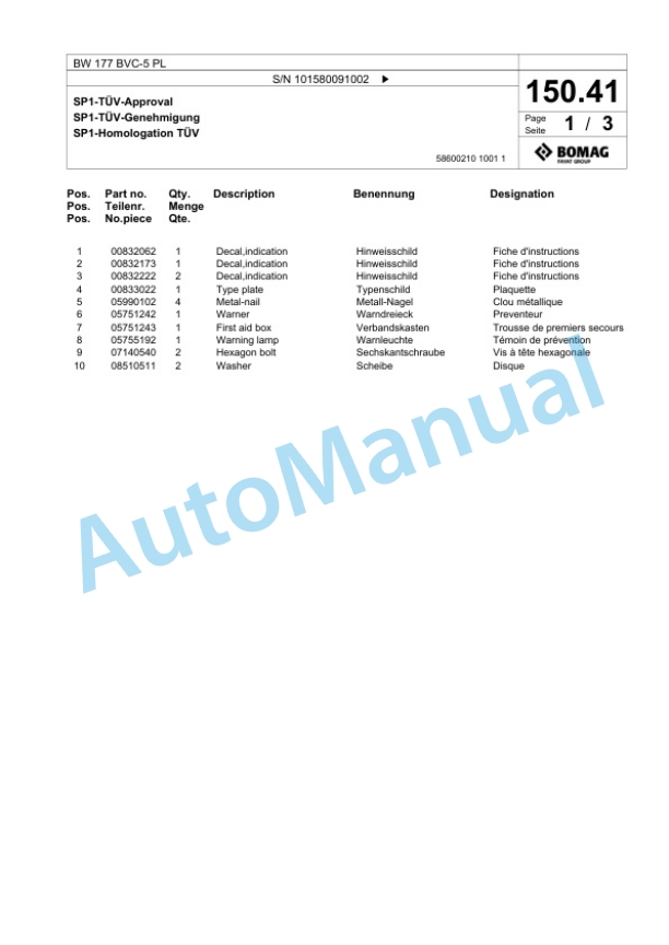 Bomag BW 177 BVC-5 PL Single Drum Wheel Drive Vibratory Roller Spare Parts Catalogue 00827071 3 Bomag BW 177 BVC-5 PL Single Drum Wheel Drive Vibratory Roller Spare Parts Catalogue 00827071-3