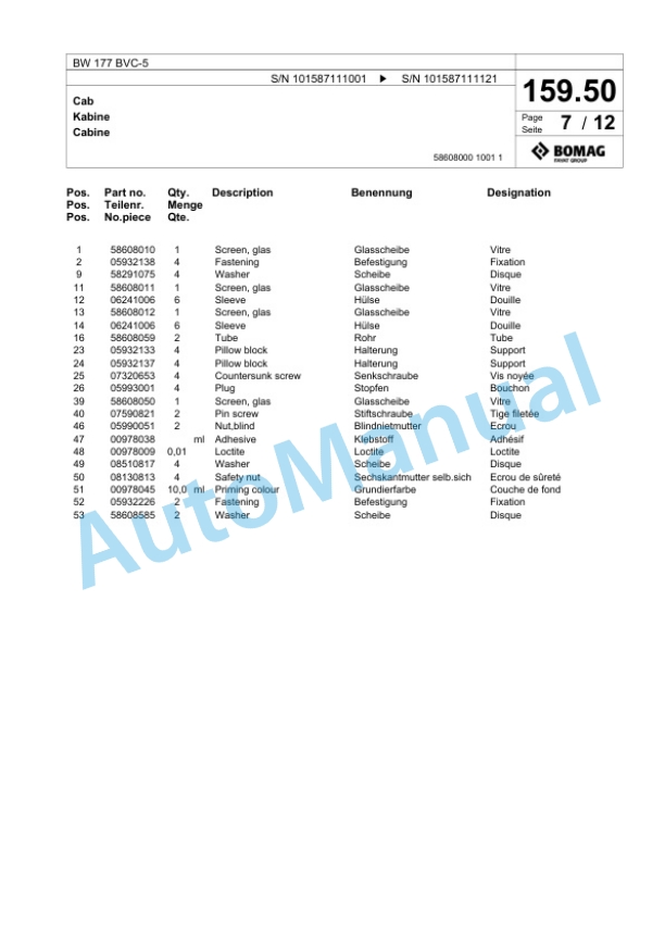 Bomag BW 177 BVC-5 Single Drum Wheel Drive Vibratory Roller Spare Parts Catalogue 00825731 5 Bomag BW 177 BVC-5 Single Drum Wheel Drive Vibratory Roller Spare Parts Catalogue 00825731-5