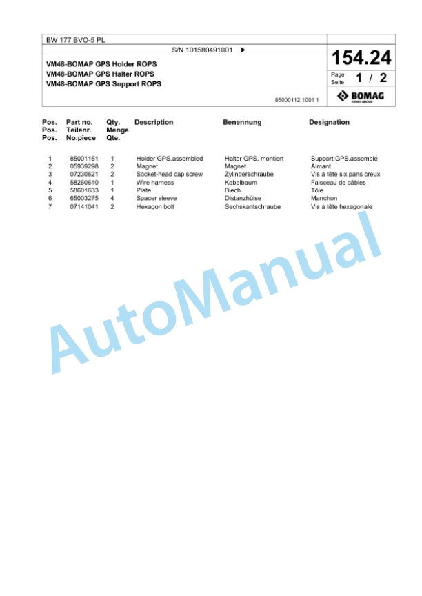 Bomag BW 177 BVO-5 PL Single Drum Wheel Drive Vibratory Roller Spare Parts Catalogue 00827233 4 Bomag BW 177 BVO-5 PL Single Drum Wheel Drive Vibratory Roller Spare Parts Catalogue 00827233-4