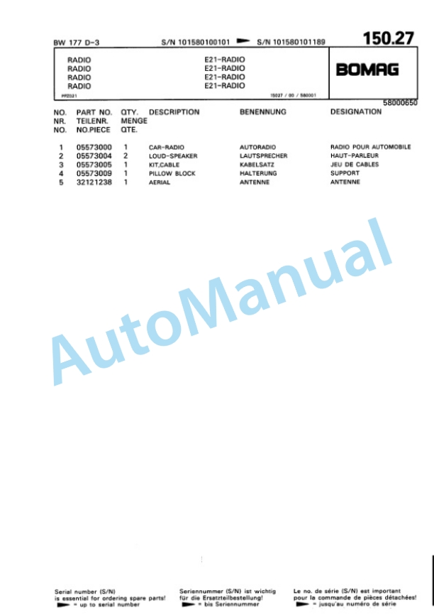 Bomag BW 177 D-3 Single Drum Wheel Drive Vibratory Roller Spare Parts Catalogue 00815310 3 Bomag BW 177 D-3 Single Drum Wheel Drive Vibratory Roller Spare Parts Catalogue 00815310-3