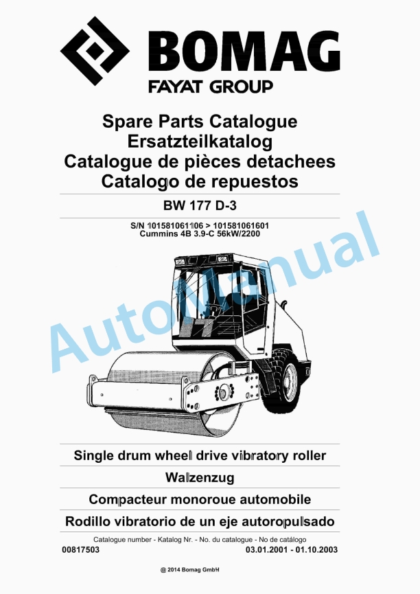 Bomag BW 177 D-3 Single Drum Wheel Drive Vibratory Roller Spare Parts Catalogue 00817503 1 Bomag BW 177 D-3 Single Drum Wheel Drive Vibratory Roller Spare Parts Catalogue 00817503