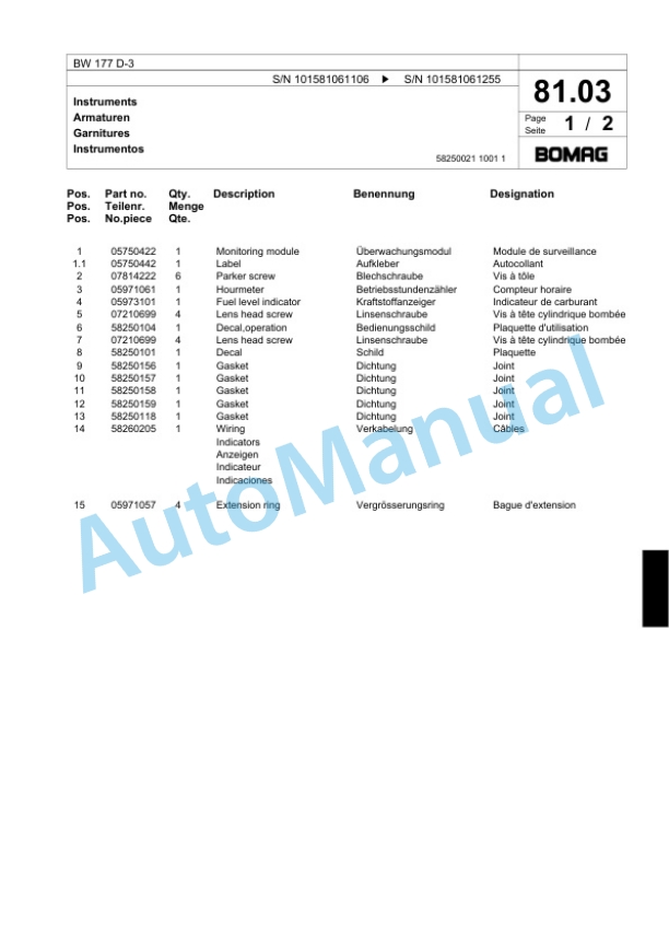 Bomag BW 177 D-3 Single Drum Wheel Drive Vibratory Roller Spare Parts Catalogue 00817503 2 Bomag BW 177 D-3 Single Drum Wheel Drive Vibratory Roller Spare Parts Catalogue 00817503-2