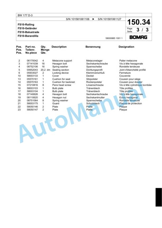 Bomag BW 177 D-3 Single Drum Wheel Drive Vibratory Roller Spare Parts Catalogue 00817503 4 Bomag BW 177 D-3 Single Drum Wheel Drive Vibratory Roller Spare Parts Catalogue 00817503-4