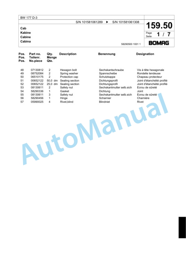 Bomag BW 177 D-3 Single Drum Wheel Drive Vibratory Roller Spare Parts Catalogue 00817503 5 Bomag BW 177 D-3 Single Drum Wheel Drive Vibratory Roller Spare Parts Catalogue 00817503-5