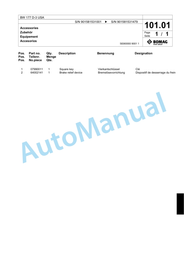 Bomag BW 177 D-3 USA Single Drum Wheel Drive Vibratory Roller Spare Parts Catalogue 00817675 3 Bomag BW 177 D-3 USA Single Drum Wheel Drive Vibratory Roller Spare Parts Catalogue 00817675-3