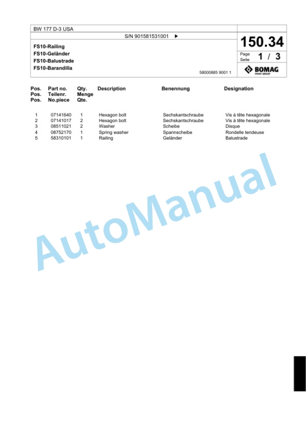 Bomag BW 177 D-3 USA Single Drum Wheel Drive Vibratory Roller Spare Parts Catalogue 00817675 5 Bomag BW 177 D-3 USA Single Drum Wheel Drive Vibratory Roller Spare Parts Catalogue 00817675-5