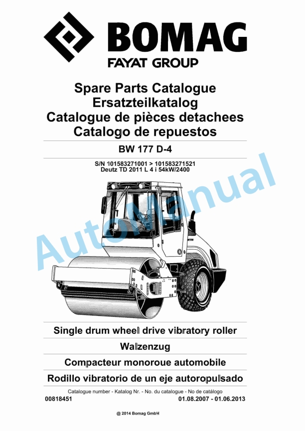 Bomag BW 177 D-4 Single Drum Wheel Drive Vibratory Roller Spare Parts Catalogue 00818451 1 Bomag BW 177 D-4 Single Drum Wheel Drive Vibratory Roller Spare Parts Catalogue 00818451
