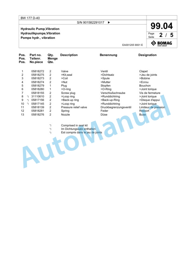 Bomag BW 177 D-40 Single Drum Wheel Drive Vibratory Roller Spare Parts Catalogue 00818525 3 Bomag BW 177 D-40 Single Drum Wheel Drive Vibratory Roller Spare Parts Catalogue 00818525-3