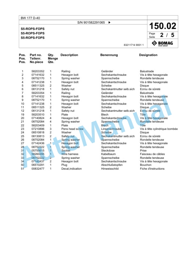 Bomag BW 177 D-40 Single Drum Wheel Drive Vibratory Roller Spare Parts Catalogue 00818525 5 Bomag BW 177 D-40 Single Drum Wheel Drive Vibratory Roller Spare Parts Catalogue 00818525-5