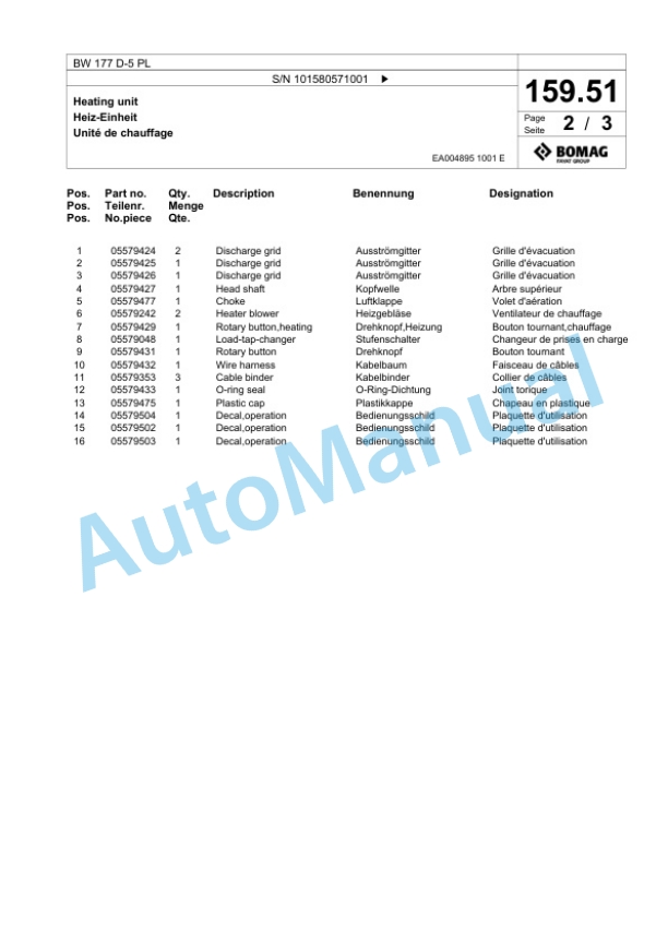 Bomag BW 177 D-5 PL Single Drum Wheel Drive Vibratory Roller Spare Parts Catalogue 00827083 5 Bomag BW 177 D-5 PL Single Drum Wheel Drive Vibratory Roller Spare Parts Catalogue 00827083-5