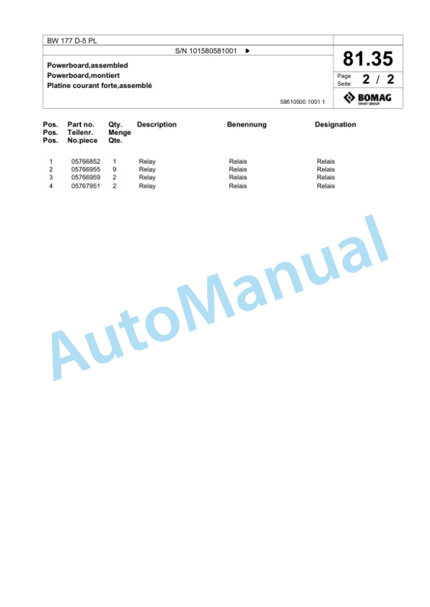 Bomag BW 177 D-5 PL Single Drum Wheel Drive Vibratory Roller Spare Parts Catalogue 00827085 2 Bomag BW 177 D-5 PL Single Drum Wheel Drive Vibratory Roller Spare Parts Catalogue 00827085-2