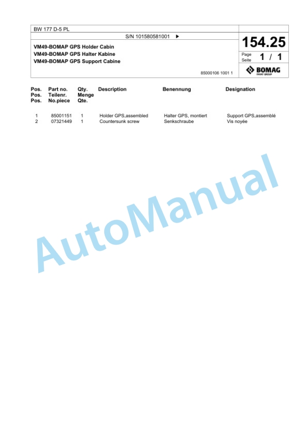 Bomag BW 177 D-5 PL Single Drum Wheel Drive Vibratory Roller Spare Parts Catalogue 00827085 4 Bomag BW 177 D-5 PL Single Drum Wheel Drive Vibratory Roller Spare Parts Catalogue 00827085-4