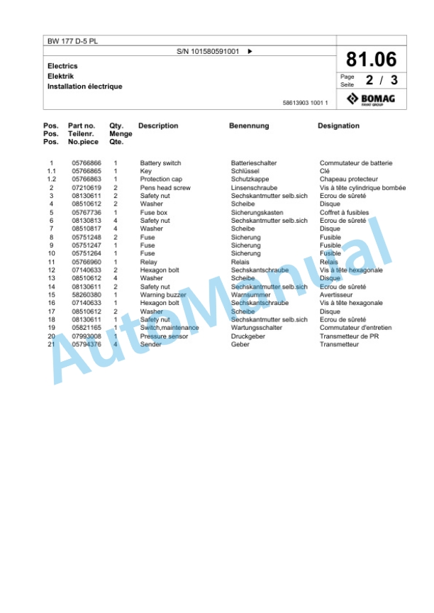 Bomag BW 177 D-5 PL Single Drum Wheel Drive Vibratory Roller Spare Parts Catalogue 00827087 2 Bomag BW 177 D-5 PL Single Drum Wheel Drive Vibratory Roller Spare Parts Catalogue 00827087-2