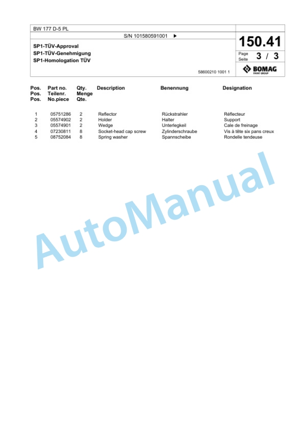 Bomag BW 177 D-5 PL Single Drum Wheel Drive Vibratory Roller Spare Parts Catalogue 00827087 3 Bomag BW 177 D-5 PL Single Drum Wheel Drive Vibratory Roller Spare Parts Catalogue 00827087-3