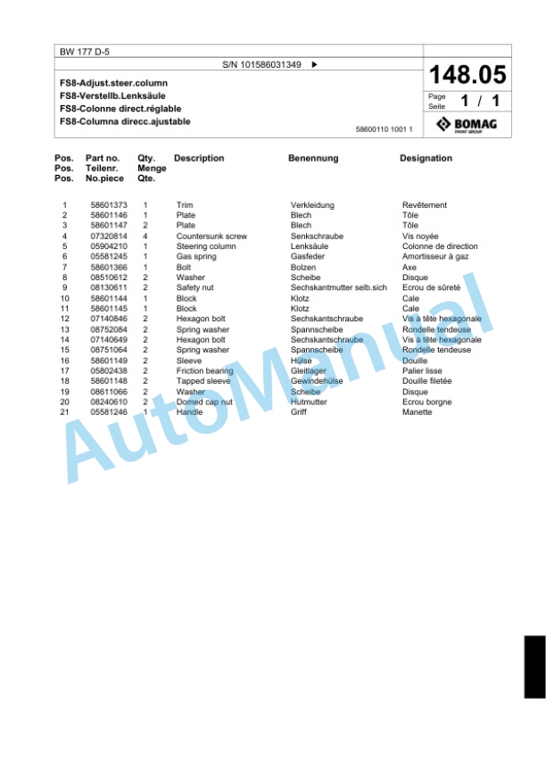 Bomag BW 177 D-5 Single Drum Wheel Drive Vibratory Roller Spare Parts Catalogue 00824351 3 Bomag BW 177 D-5 Single Drum Wheel Drive Vibratory Roller Spare Parts Catalogue 00824351-3