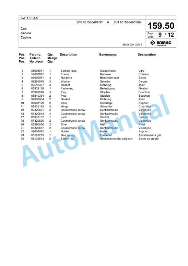 Bomag BW 177 D-5 Single Drum Wheel Drive Vibratory Roller Spare Parts Catalogue 00824913 4 Bomag BW 177 D-5 Single Drum Wheel Drive Vibratory Roller Spare Parts Catalogue 00824913-4