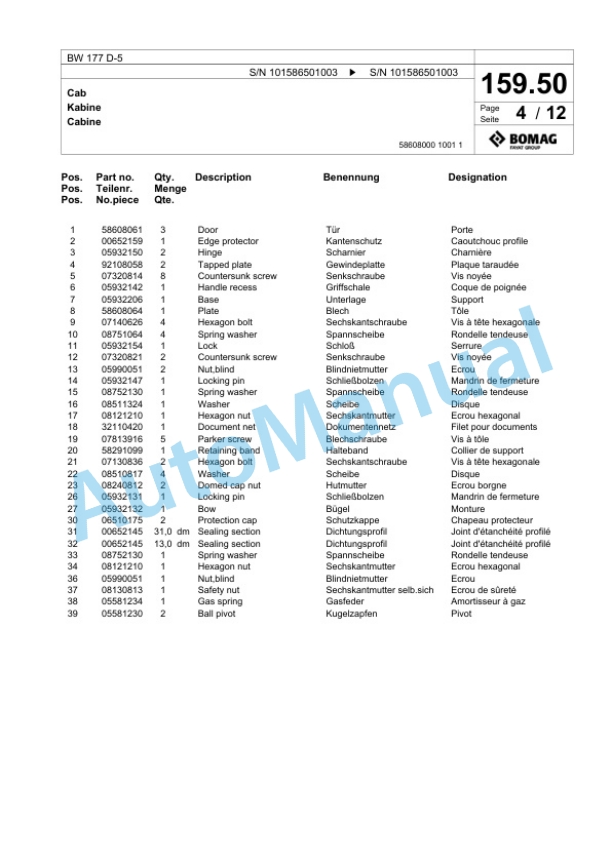 Bomag BW 177 D-5 Single Drum Wheel Drive Vibratory Roller Spare Parts Catalogue 00824915 5 Bomag BW 177 D-5 Single Drum Wheel Drive Vibratory Roller Spare Parts Catalogue 00824915-5