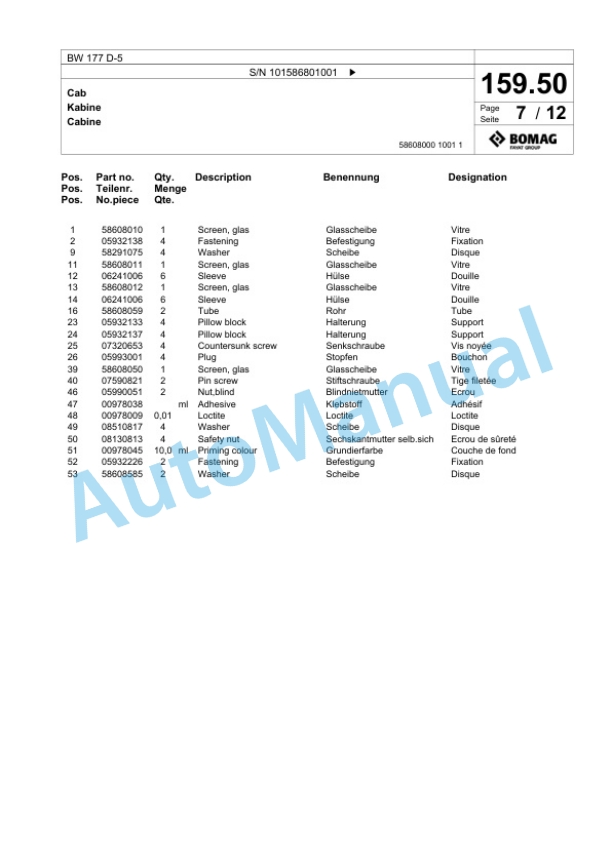 Bomag BW 177 D-5 Single Drum Wheel Drive Vibratory Roller Spare Parts Catalogue 00825433 5 Bomag BW 177 D-5 Single Drum Wheel Drive Vibratory Roller Spare Parts Catalogue 00825433-5
