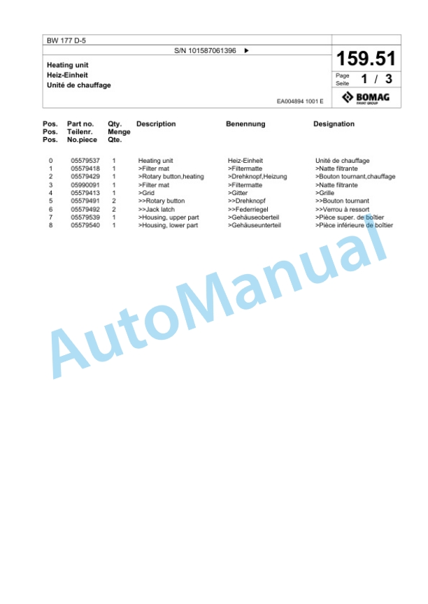 Bomag BW 177 D-5 Single Drum Wheel Drive Vibratory Roller Spare Parts Catalogue 00825725 5 Bomag BW 177 D-5 Single Drum Wheel Drive Vibratory Roller Spare Parts Catalogue 00825725-5