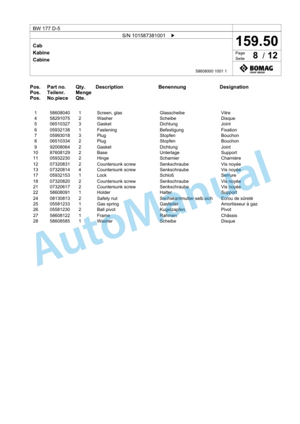 Bomag BW 177 D-5 Single Drum Wheel Drive Vibratory Roller Spare Parts Catalogue 00826055 5 Bomag BW 177 D-5 Single Drum Wheel Drive Vibratory Roller Spare Parts Catalogue 00826055-5
