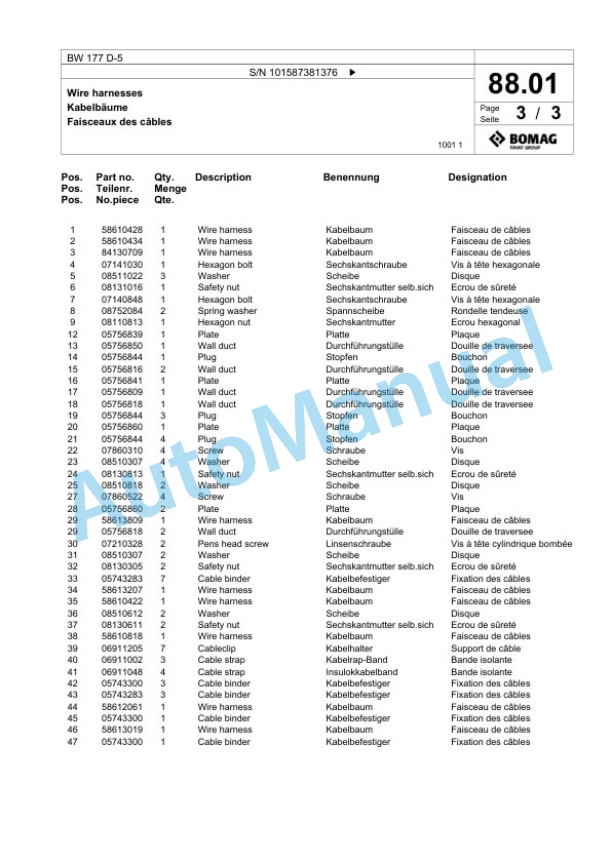 Bomag BW 177 D-5 Single Drum Wheel Drive Vibratory Roller Spare Parts Catalogue 00826625 2 Bomag BW 177 D-5 Single Drum Wheel Drive Vibratory Roller Spare Parts Catalogue 00826625-2