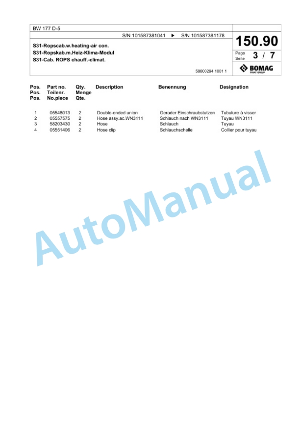 Bomag BW 177 D-5 Single Drum Wheel Drive Vibratory Roller Spare Parts Catalogue 00826625 3 Bomag BW 177 D-5 Single Drum Wheel Drive Vibratory Roller Spare Parts Catalogue 00826625-3