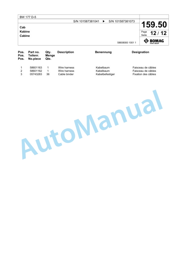 Bomag BW 177 D-5 Single Drum Wheel Drive Vibratory Roller Spare Parts Catalogue 00826625 5 Bomag BW 177 D-5 Single Drum Wheel Drive Vibratory Roller Spare Parts Catalogue 00826625-5