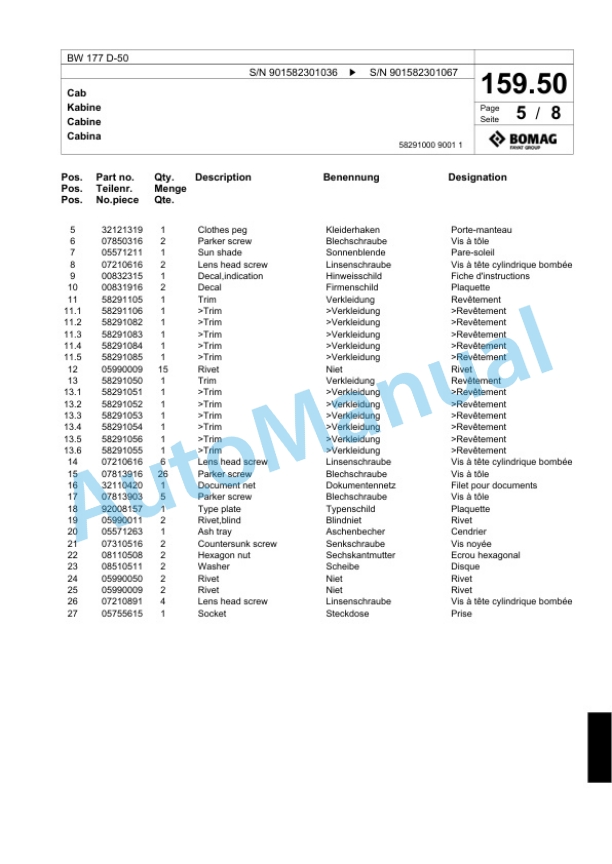 Bomag BW 177 D-50 Single Drum Wheel Drive Vibratory Roller Spare Parts Catalogue 00824087 5 Bomag BW 177 D-50 Single Drum Wheel Drive Vibratory Roller Spare Parts Catalogue 00824087-5