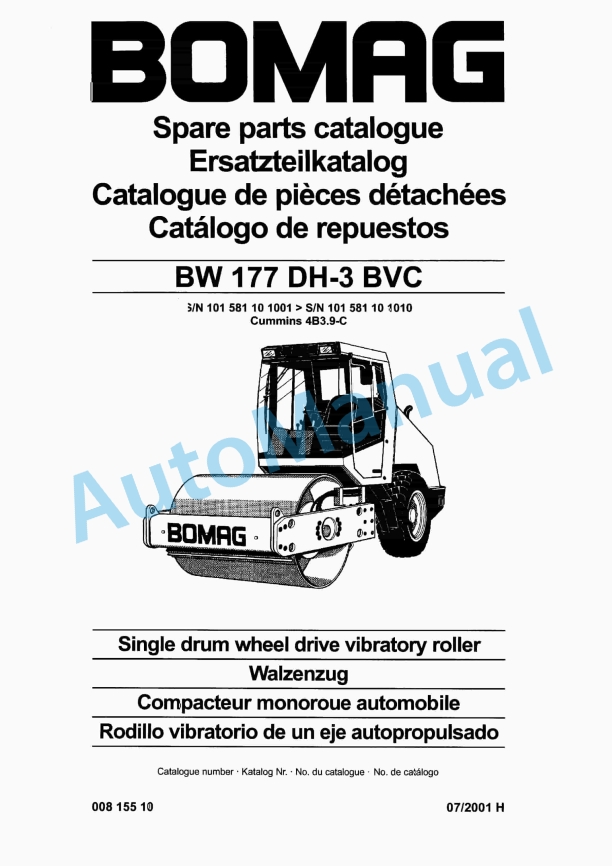 Bomag BW 177 DH-3 BVC Single Drum Wheel Drive Vibratory Roller Spare Parts Catalogue 00815510 1 Bomag BW 177 DH-3 BVC Single Drum Wheel Drive Vibratory Roller Spare Parts Catalogue 00815510