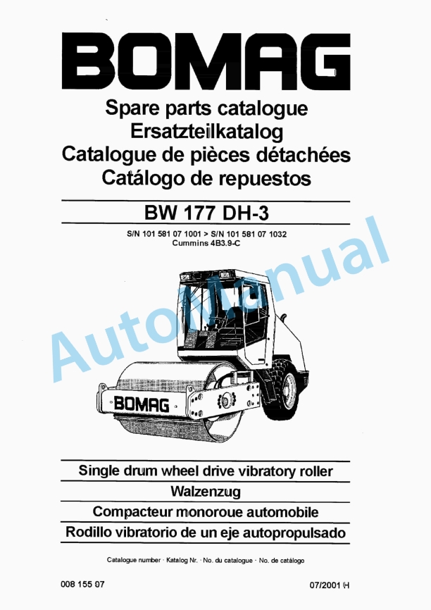 Bomag BW 177 DH-3 Single Drum Wheel Drive Vibratory Roller Spare Parts Catalogue 00815507 1 Bomag BW 177 DH-3 Single Drum Wheel Drive Vibratory Roller Spare Parts Catalogue 00815507