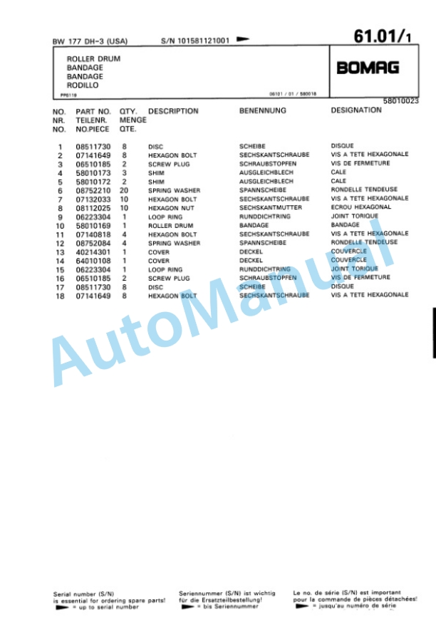 Bomag BW 177 DH-3 Single Drum Wheel Drive Vibratory Roller Spare Parts Catalogue 00815512 2 Bomag BW 177 DH-3 Single Drum Wheel Drive Vibratory Roller Spare Parts Catalogue 00815512-2