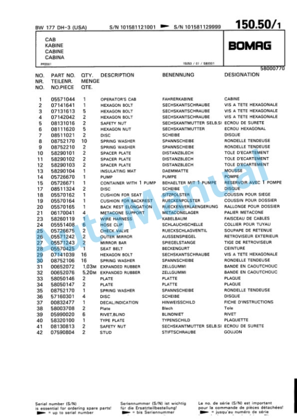 Bomag BW 177 DH-3 Single Drum Wheel Drive Vibratory Roller Spare Parts Catalogue 00815512 4 Bomag BW 177 DH-3 Single Drum Wheel Drive Vibratory Roller Spare Parts Catalogue 00815512-4