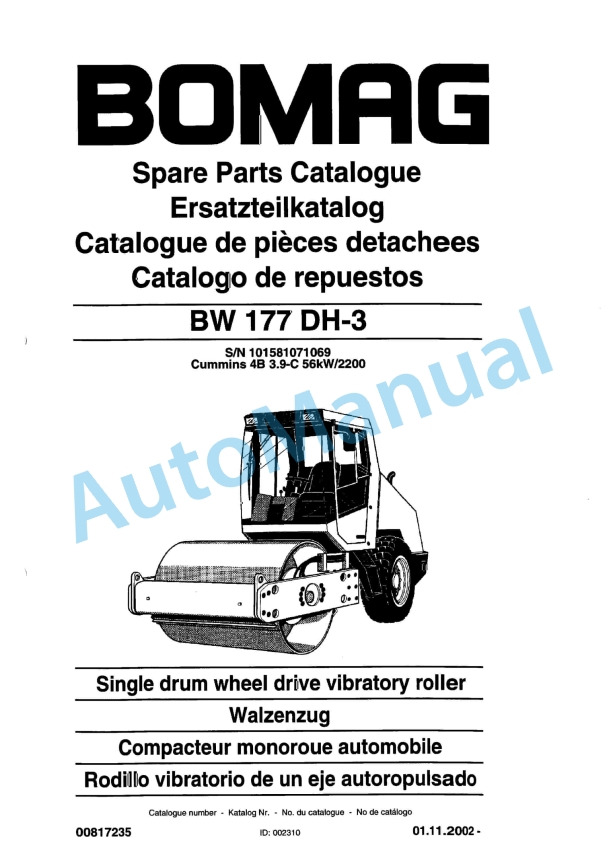 Bomag BW 177 DH-3 Single Drum Wheel Drive Vibratory Roller Spare Parts Catalogue 00817235 1 Bomag BW 177 DH-3 Single Drum Wheel Drive Vibratory Roller Spare Parts Catalogue 00817235