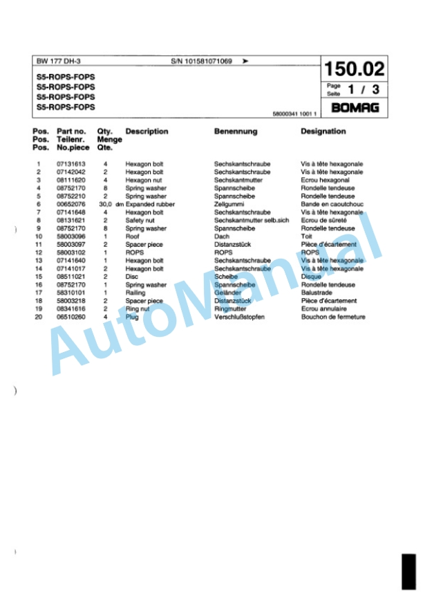 Bomag BW 177 DH-3 Single Drum Wheel Drive Vibratory Roller Spare Parts Catalogue 00817235 3 Bomag BW 177 DH-3 Single Drum Wheel Drive Vibratory Roller Spare Parts Catalogue 00817235-3