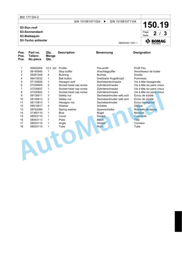 Bomag BW 177 DH-3 Single Drum Wheel Drive Vibratory Roller Spare Parts Catalogue 00817505 4 Bomag BW 177 DH-3 Single Drum Wheel Drive Vibratory Roller Spare Parts Catalogue 00817505-4