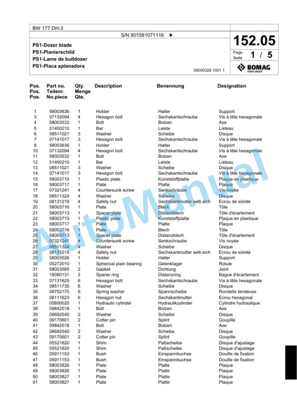 Bomag BW 177 DH-3 Single Drum Wheel Drive Vibratory Roller Spare Parts Catalogue 00817751 5 Bomag BW 177 DH-3 Single Drum Wheel Drive Vibratory Roller Spare Parts Catalogue 00817751-5