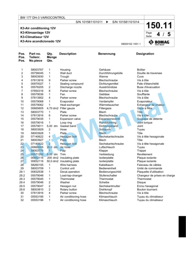 Bomag BW 177 DH-3 VARIOCONTROL Single Drum Wheel Drive Vibratory Roller Spare Parts Catalogue 00817506 5 Bomag BW 177 DH-3 VARIOCONTROL Single Drum Wheel Drive Vibratory Roller Spare Parts Catalogue 00817506-5