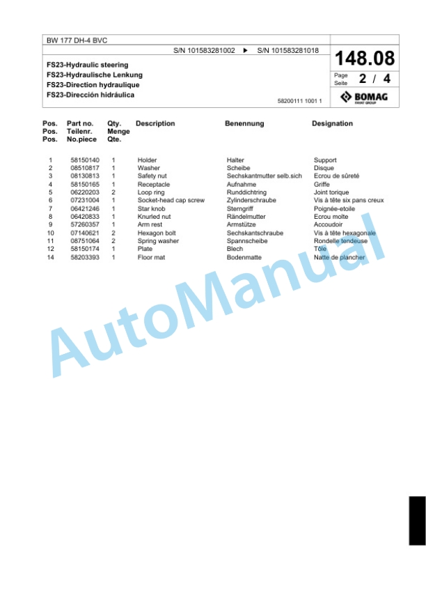 Bomag BW 177 DH-4 BVC Single Drum Wheel Drive Vibratory Roller Spare Parts Catalogue 00818453 4 Bomag BW 177 DH-4 BVC Single Drum Wheel Drive Vibratory Roller Spare Parts Catalogue 00818453-4