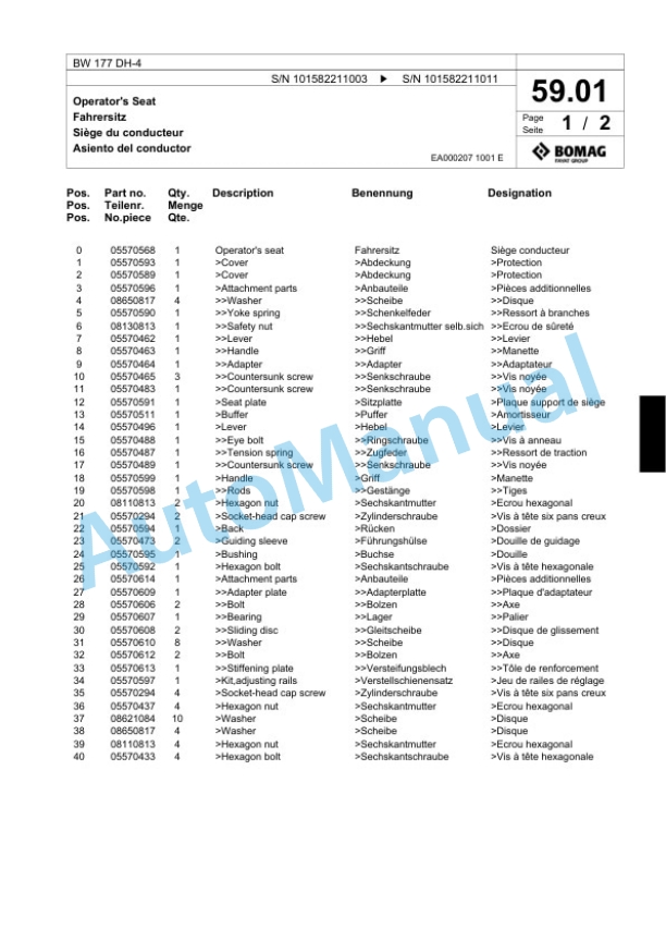 Bomag BW 177 DH-4 Single Drum Wheel Drive Vibratory Roller Spare Parts Catalogue 00817761 3 Bomag BW 177 DH-4 Single Drum Wheel Drive Vibratory Roller Spare Parts Catalogue 00817761-3
