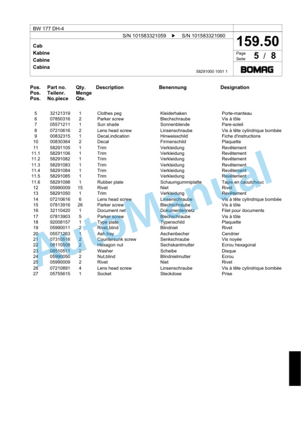 Bomag BW 177 DH-4 Single Drum Wheel Drive Vibratory Roller Spare Parts Catalogue 00818543 5 Bomag BW 177 DH-4 Single Drum Wheel Drive Vibratory Roller Spare Parts Catalogue 00818543-5