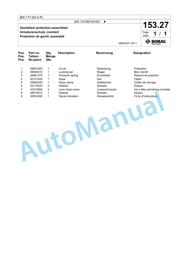 Bomag BW 177 DH-5 PL Single Drum Wheel Drive Vibratory Roller Spare Parts Catalogue 00827073 4 Bomag BW 177 DH-5 PL Single Drum Wheel Drive Vibratory Roller Spare Parts Catalogue 00827073-4