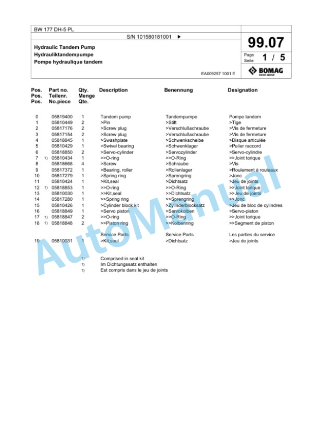Bomag BW 177 DH-5 PL Single Drum Wheel Drive Vibratory Roller Spare Parts Catalogue 00827077 2 Bomag BW 177 DH-5 PL Single Drum Wheel Drive Vibratory Roller Spare Parts Catalogue 00827077-2