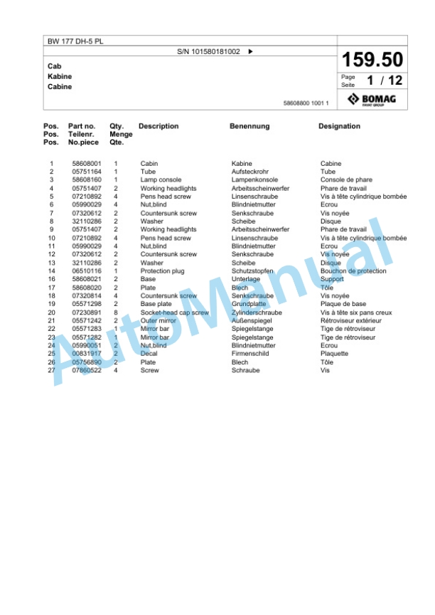 Bomag BW 177 DH-5 PL Single Drum Wheel Drive Vibratory Roller Spare Parts Catalogue 00827077 4 Bomag BW 177 DH-5 PL Single Drum Wheel Drive Vibratory Roller Spare Parts Catalogue 00827077-4