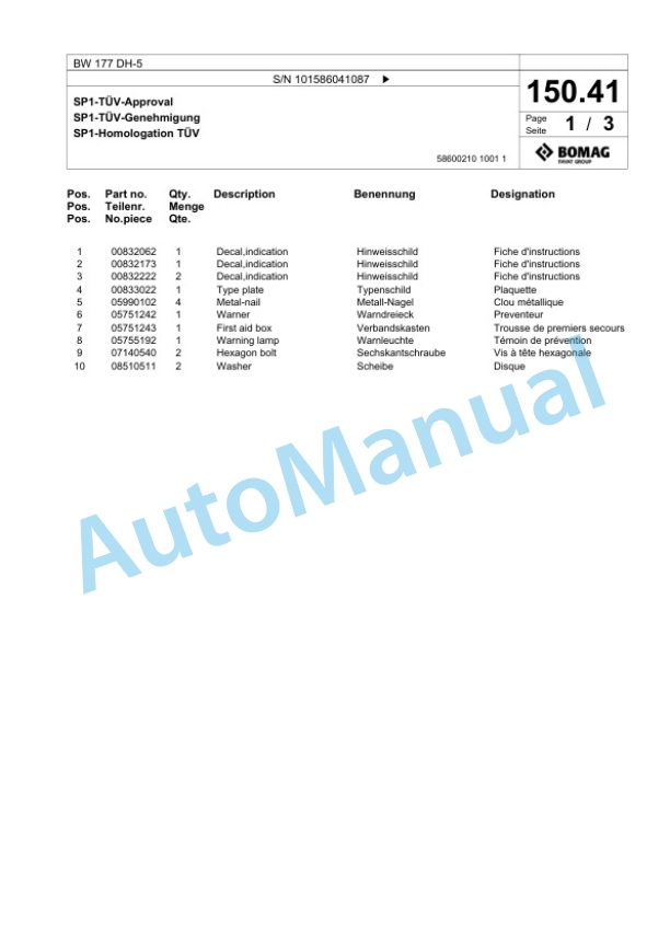 Bomag BW 177 DH-5 Single Drum Wheel Drive Vibratory Roller Spare Parts Catalogue 00824475 3 Bomag BW 177 DH-5 Single Drum Wheel Drive Vibratory Roller Spare Parts Catalogue 00824475-3