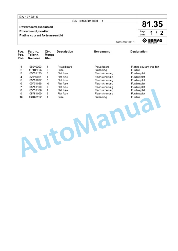 Bomag BW 177 DH-5 Single Drum Wheel Drive Vibratory Roller Spare Parts Catalogue 00825435 2 Bomag BW 177 DH-5 Single Drum Wheel Drive Vibratory Roller Spare Parts Catalogue 00825435-2