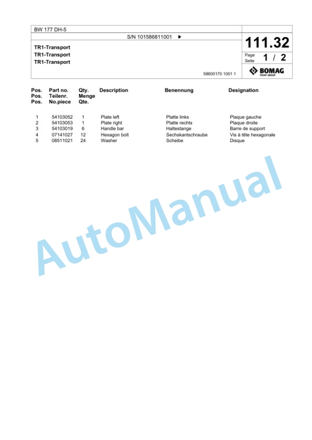 Bomag BW 177 DH-5 Single Drum Wheel Drive Vibratory Roller Spare Parts Catalogue 00825435 3 Bomag BW 177 DH-5 Single Drum Wheel Drive Vibratory Roller Spare Parts Catalogue 00825435-3