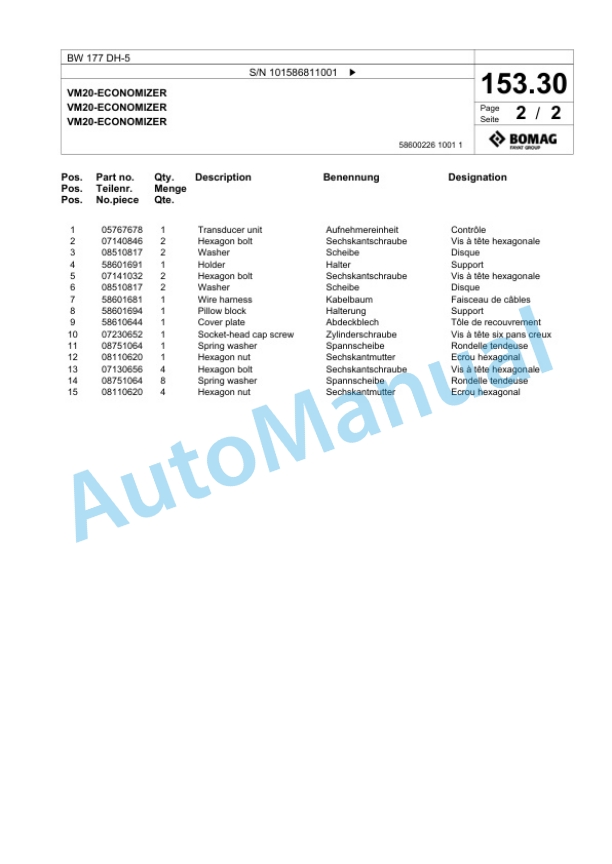 Bomag BW 177 DH-5 Single Drum Wheel Drive Vibratory Roller Spare Parts Catalogue 00825435 5 Bomag BW 177 DH-5 Single Drum Wheel Drive Vibratory Roller Spare Parts Catalogue 00825435-5
