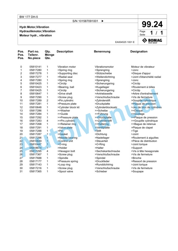 Bomag BW 177 DH-5 Single Drum Wheel Drive Vibratory Roller Spare Parts Catalogue 00825727 2 Bomag BW 177 DH-5 Single Drum Wheel Drive Vibratory Roller Spare Parts Catalogue 00825727-2