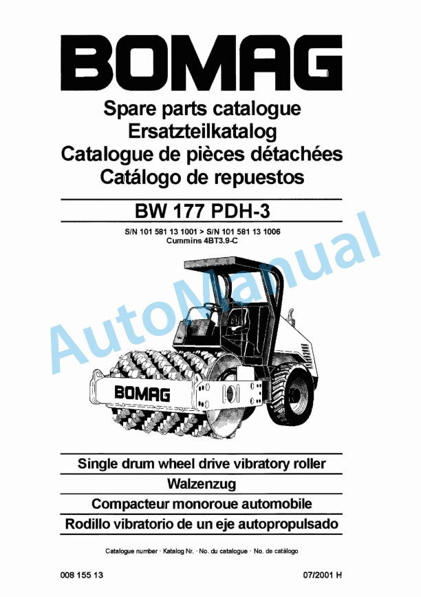 Bomag BW 177 PDH-3 Single Drum Wheel Drive Vibratory Roller Spare Parts Catalogue 00815513 1 Bomag BW 177 PDH-3 Single Drum Wheel Drive Vibratory Roller Spare Parts Catalogue 00815513