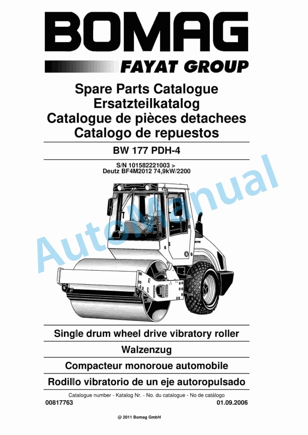 Bomag BW 177 PDH-4 Single Drum Wheel Drive Vibratory Roller Spare Parts Catalogue 00817763 1 Bomag BW 177 PDH-4 Single Drum Wheel Drive Vibratory Roller Spare Parts Catalogue 00817763